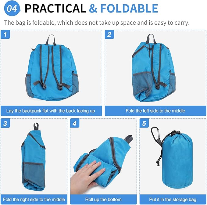 Hiking Backpack, 20L Packable Daypack for Men Women, Nylon with Adjustable Straps, Lightweight Waterproof Outdoor Camping Travel, Lake Blue