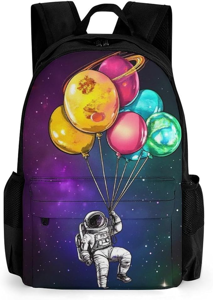 Polyester Daypack for Hiking Work Running, Big Capacity Anti-Theft Multipurpose Shoulder Bag, Planet Moon Balloon Astronaut Art Travel and Sport Backpack Rucksack