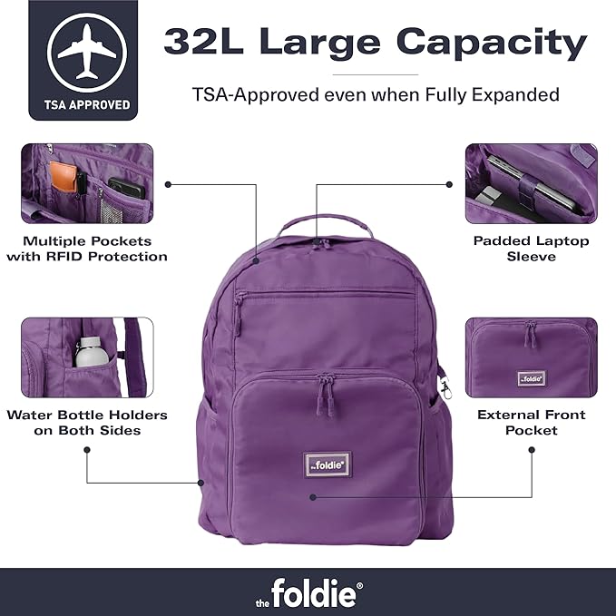 The Foldie Packable Backpack for Travel 32L - Lightweight Foldable Backpacks with Trolly Sleeve & RFID Protection - Water-repellent Casual Daypack Backpacks for Hiking, Camping & Gym - Fuchsia