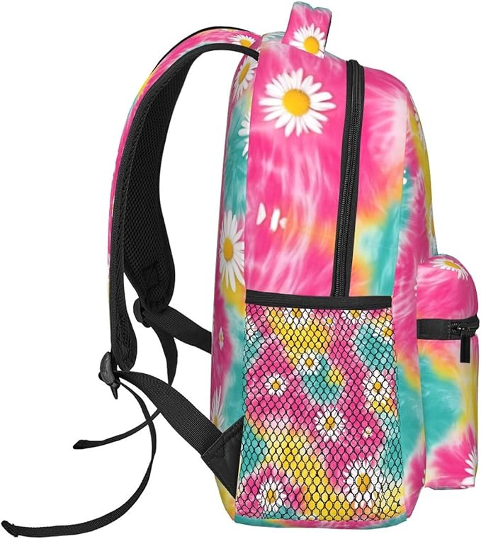Men Women Polyester Daisy Flower Tie Dye Daypack Bookbag Big Capacity Shoulder Bag With Padded Straps for Climbing Travel Walking Cycling