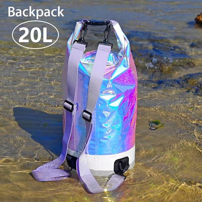 20L PVC Holographic Waterproof Dry Bag, Double Shoulder Strap Beach Swimming Backpack, Crossbody Waterproof Bucket Bag for Kayaking, Boating, and Outdoor Sports (20L)