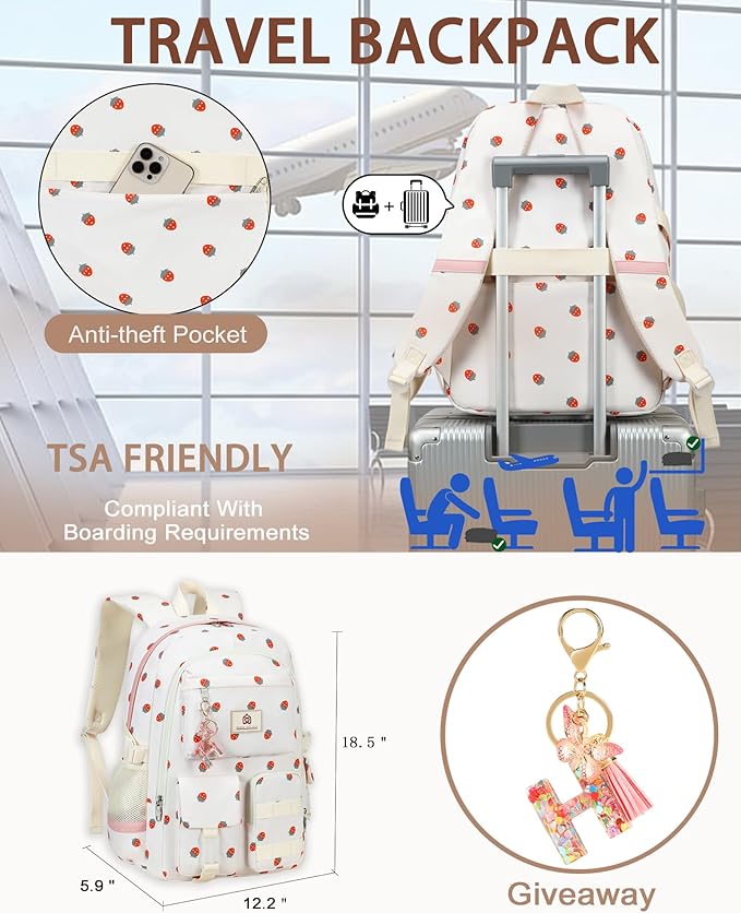 Laptop School Backpack for Teen Girls Women 15.6 Inch Cute College Backpacks Large Elementary Middle High School Bag Kids Student Strawberry Bookbag Anti Theft Travel Casual Daypack (Beige-Strawberry)