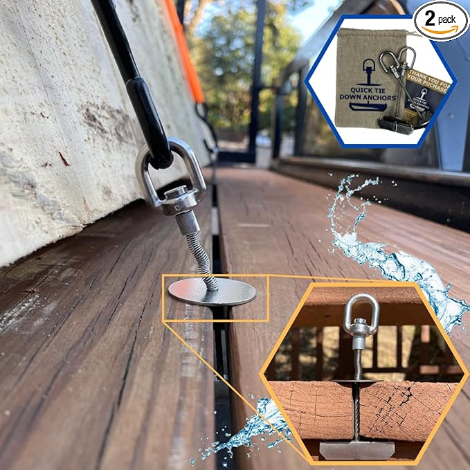 2pcs Trailer, Deck or Dock Anchors for Gap Between Boards - Marine Grade 316 Stainless Steel - 1200LB Break Strength - Reusable Alternative to D-Rings - Easy Tie Down Anchors