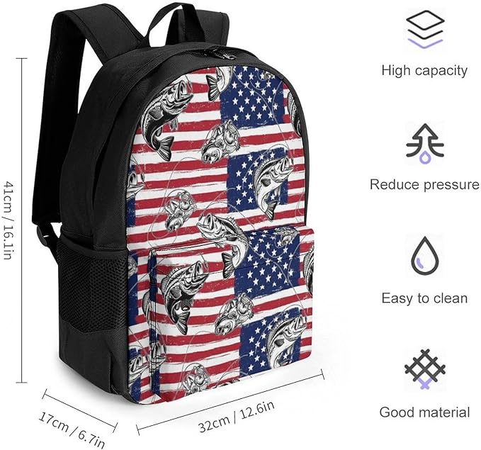Backpack Anti-Theft Multipurpose Large Capacity Carry On Bag, Bass Fish Fishing Lure American Flag Camping Outdoor Backpack With Side Pockets