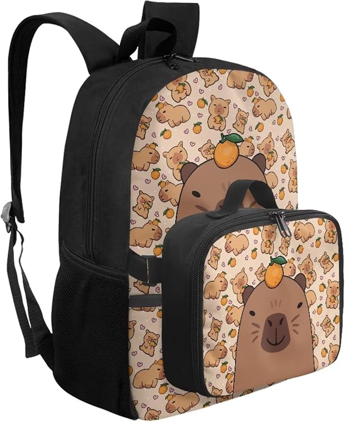 HUGS IDEA Orange Capybara School Backpack for Girls 8-10 with Lunchbox Backpacks for Elementary Students School Bag Large Capacity School Book Bag for Kids Casual Travel Daycare