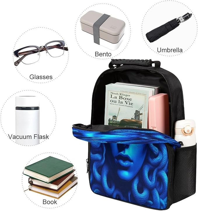 Polyester Daypack Bookbag for Gym Business Bicycle, Large Capacity Multipurpose Anti-Theft Carry On Bag, Greek Goddess Snake Queen Medusa Art Blue Travel Hiking Daypack