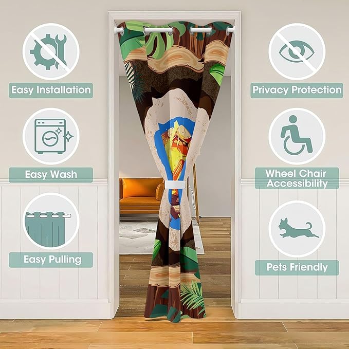 Camper Adventure Kids Door Curtain,Bonfire Campfire Camp Adventue Blackout Curtain,Palm Leaf Tropical Plant Rustic Bedroom Doorway Living Room Decor,Brown Privacy Door Drape 1 Panel,42" W X 84" L