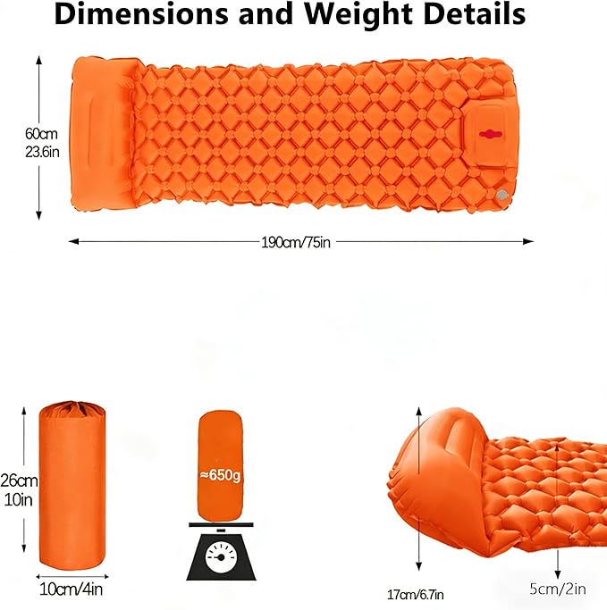 SNZ Camping Sleeping Pad, Ultralight Camping Mat with Pillow, Built-in Foot Pump Inflatable Sleeping Pads Compact for Backpacking, Tent, Travel, Outdoor Activities (Single)