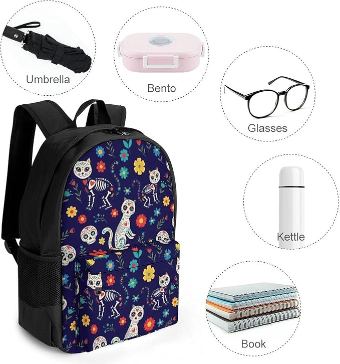 Polyester Daypack for Hiking Work Running, Big Capacity Anti-Theft Multipurpose Shoulder Bag, Day Of The Dead Black Cat Rose Sugar Skull Skeleton Travel and Sport Backpack Rucksack