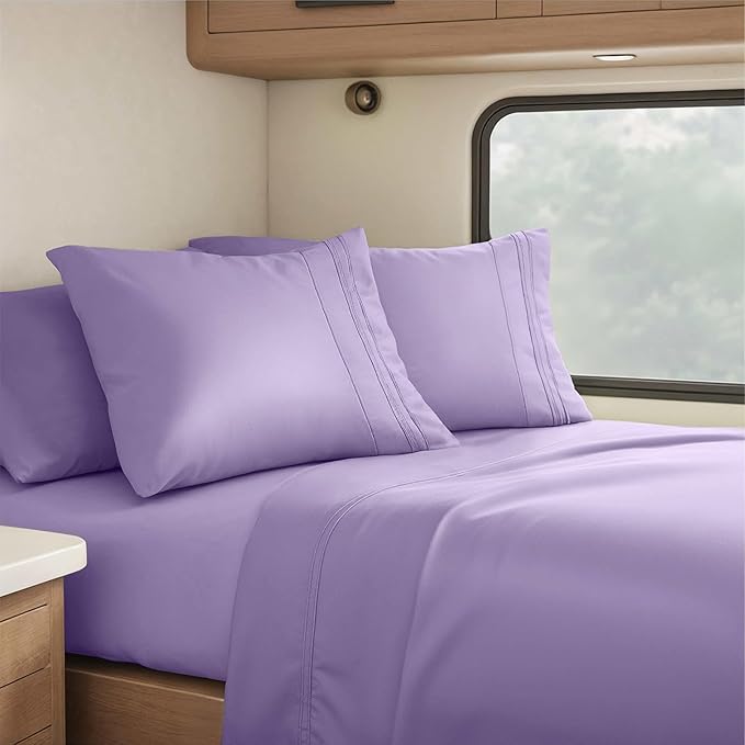 Hearth & Harbor Short Queen Sheets for RV, Lavender RV Queen Sheets, Silky Soft 1800 Microfiber Bed Sheet for Camper, 4 Piece RV Bedding with Pillowcases