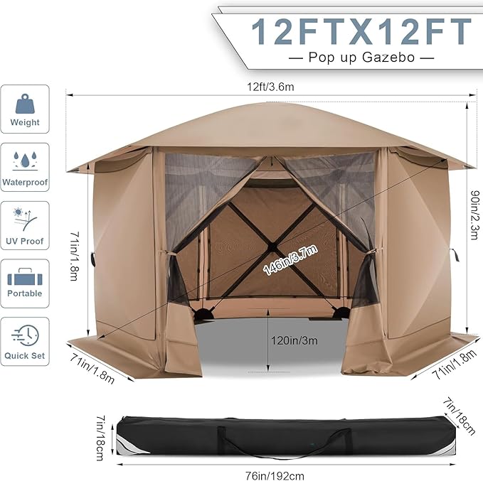 COBIZI 12x12FT Pop Up Gazebo Screen Tent Screen House for Camping, Screen Room with Mosquito Netting, Hub Tent Instant Screened Canopy with Carrying Bag and Ground Stakes,Khaki
