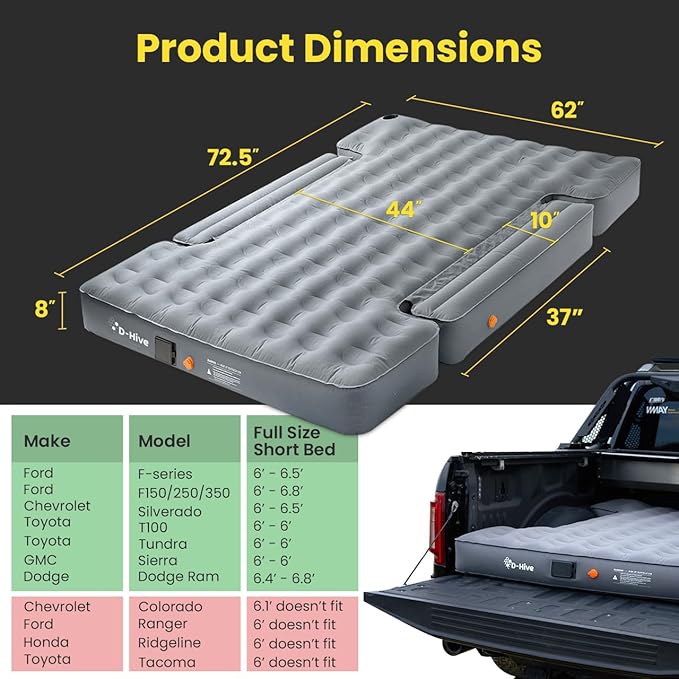 D-Hive Unbeatable Durability 6-6.5" Truck Bed Air Mattress, Durable Extra Thick 300D Oxford Fabric, Quick Easy Set-Up w/Electric Pump,Truck Camping Mattress Compatible with F150, Ram, Tundra