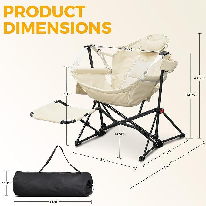Ainfox Hammock Camping Chair with Footrest, Foldable Portable Rocking Chairs for Adults Outside Swinging Camp with Cup Holder Pillow for Outdoor Patio Poolside (Beige)