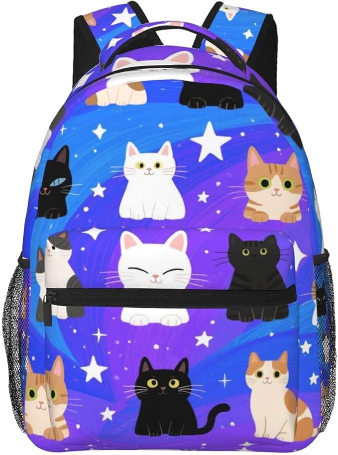 Polyester Daypack Backpack for Trekking Picnic Walking Cycling, Large Capacity Anti-Theft Multipurpose Shoulder Bag, Galaxy Cats Cat Heads In Space Galaxy Casual Daypack