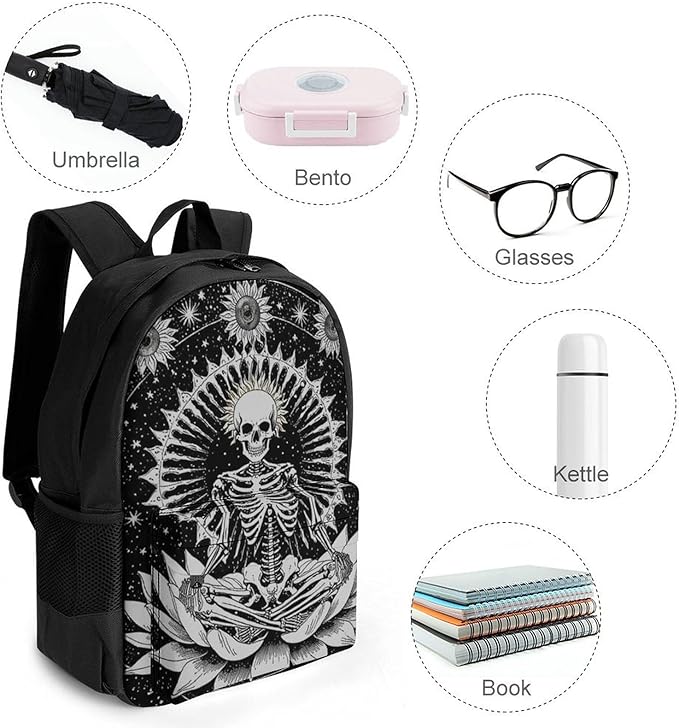 Men Women Polyester Seven Star Meditation Skeleton Skull Black Daypack Bookbag Big Capacity Shoulder Bag With Padded Straps for Climbing Travel Walking Cycling