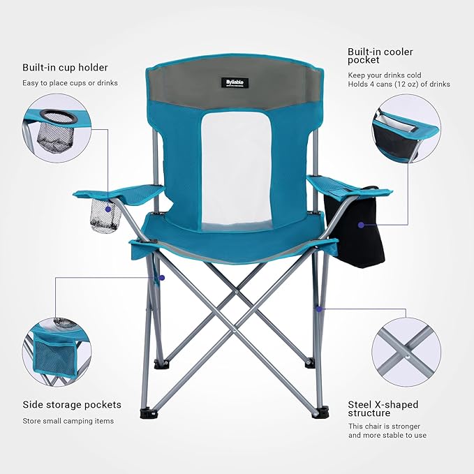 Camping Chairs Lawn Portable Foldable Camp Folding Lightweight Chair for Adults with Drink Holder and Cooler Pouch Outdoor for Camping, Lawn, Sports, Picnic, Beach, Music Festival, Blue