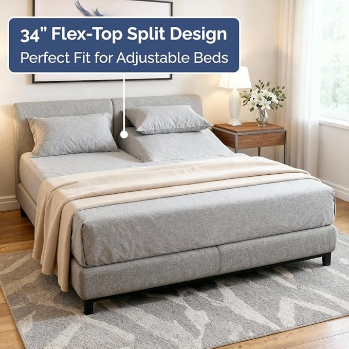 Flex Top Split Head King 4 Piece Sheet Set - Comfy Breathable & Cooling Bed Sheets Set - Hotel Luxury Bedding for Women, Men, Kids, Teens, Boys & Girls - Deep Pockets, Soft, Oeko-Tex - Heathered Grey