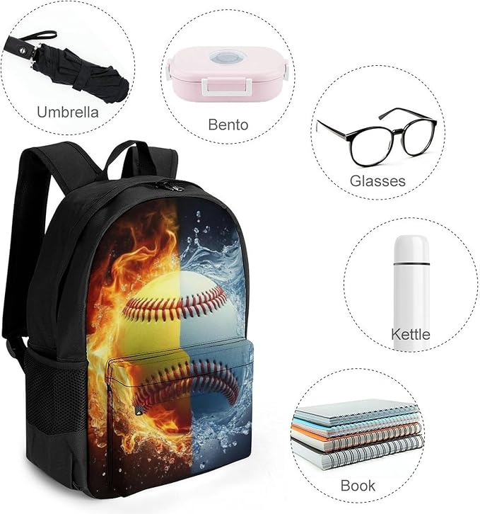Polyester Daypack Backpack for Sports Travel Running, Big Capacity Anti-Theft Multipurpose Carry On Bag, Ice Water Fire Baseball Ball Laptop Book Bag Rucksack