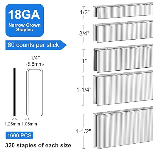 18 Gauge 304 Stainless Steel 1/4" Narrow Crown Staples (1-1/2",1-1/4" 1", 3/4", 1/2"), Assorted 1600 Counts for 18 GA Pneumatic or Electric Stapler or Staple Gun,Project Pack