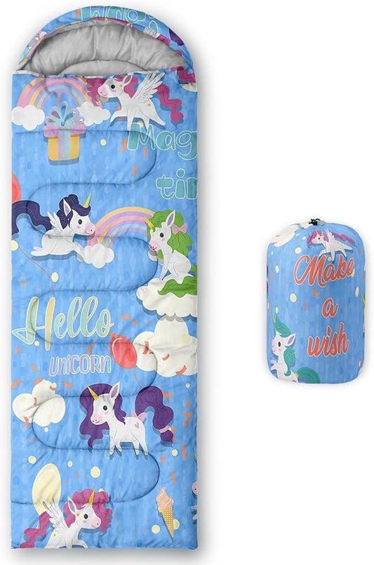 Kids Sleeping Bag for Boys Girls,Cartoon Blue Unicorn Print-Lightweight Warm Portable Outdoor Indoor-Waterproof Cold Weather Resistant Sleeping Bag for Camping Hiking