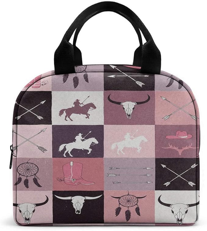 Western Retro Denim Insulated Lunch Bag Bear Deer Bird Nature Landscape Cactus Thermal Tote Portable Size (05)