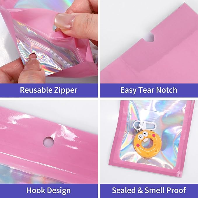 100Pcs 3x4.7 Inch Pink Holographic Bags | Resealable Mylar Pouches for Packaging, Jewelry Storage, Gummies, Cookies & Party Favors