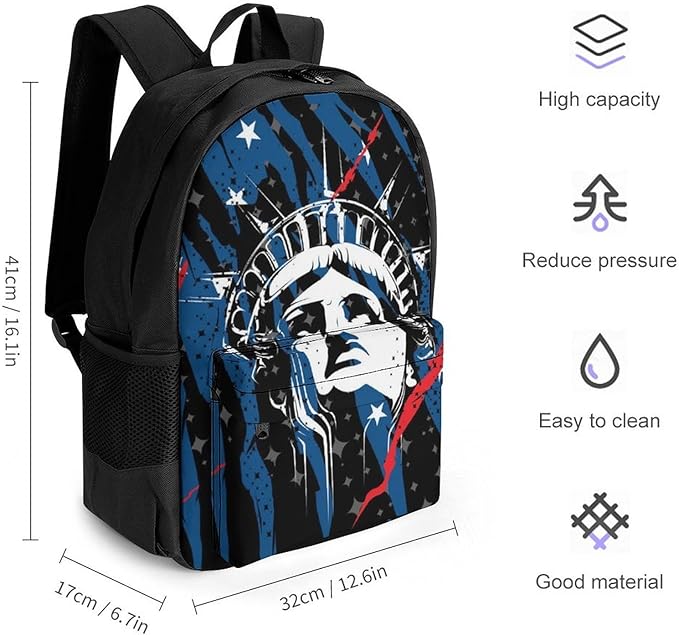 Rucksack Anti-Theft Multipurpose Large Capacity Carry On Bag, Statue Of Liberty American Flag Black Travel Hiking Bag Day Pack With Side Pockets