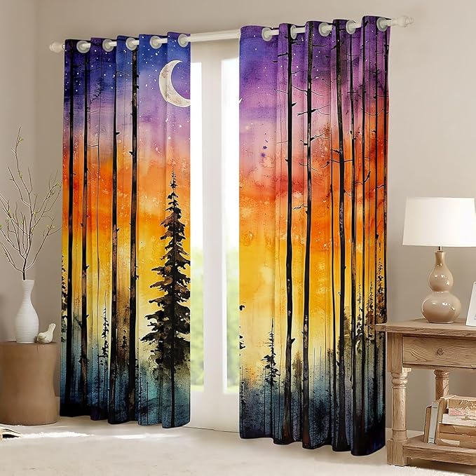 Happy Camping RV Blackout Curtains,Starry Sky Moonlight Pine Tree Natural Window Drapes,Camper Rustic Farmhouse Adventure Nursery Bedroom Playroom Decor,Orange 2 Panels,52Wx90L inch