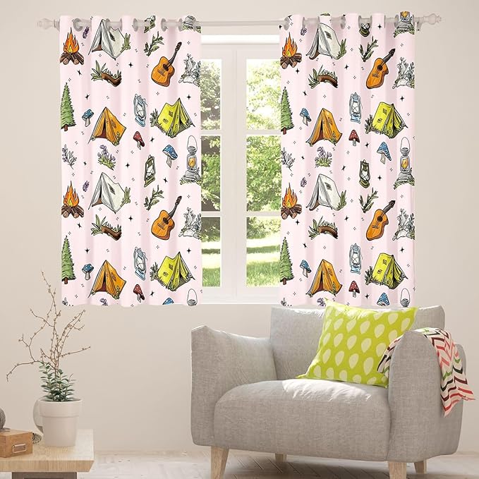 Feelyou Pink Camping Camper Blackout Curtains Campfire Camper Accessories Darkening Drapes for Bedroom Living Room Decor Happy Camping Thermal Insulated Shades Window Treatments, 2 Panels 42 x 84 Inch