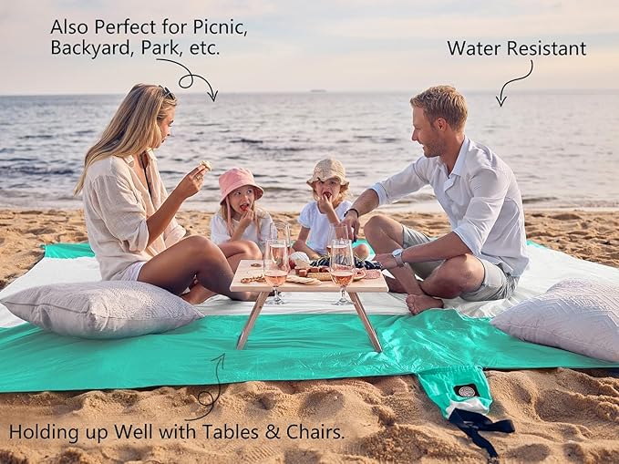 WEKAPO Beach Blanket Sandproof Waterproof, Extra Large Beach Mat, Oversized & Compact Sand Free Mat Quick Drying, Lightweight & Durable with Stakes & Corner Pockets