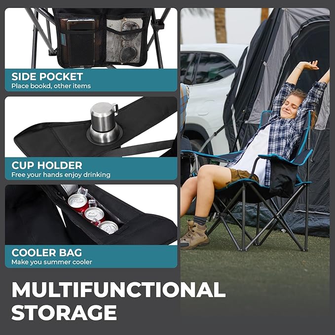 FUNDANGO Oversized Camping Chair for Adults, 2 Pack, Heavy Duty Foldable Portable Lawn Chair with Padded Seat & Back, Lumbar Support, 4-can Cooler & Cup Holder, Carry Bag Included for Outdoor (Black)