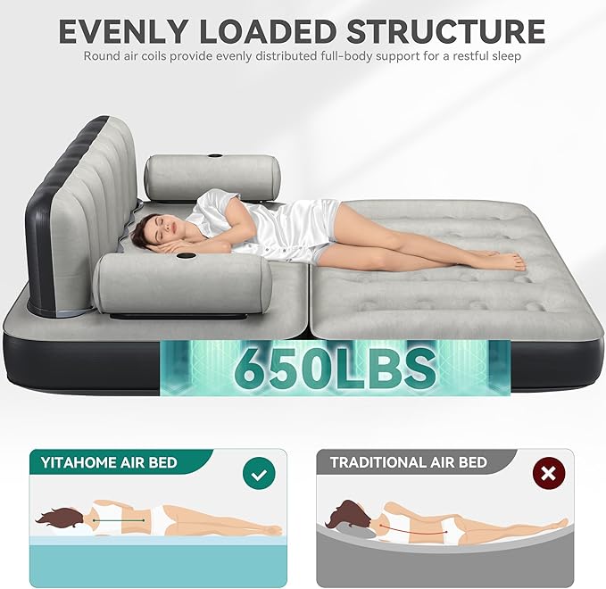 YITAHOME Queen Size Air Sofa Bed Mattress with Headboard and Pump, Blow Up Couch Inflatable Bed for Home Living Room, 79" x 60" x 25" (Expanded Size, Black)