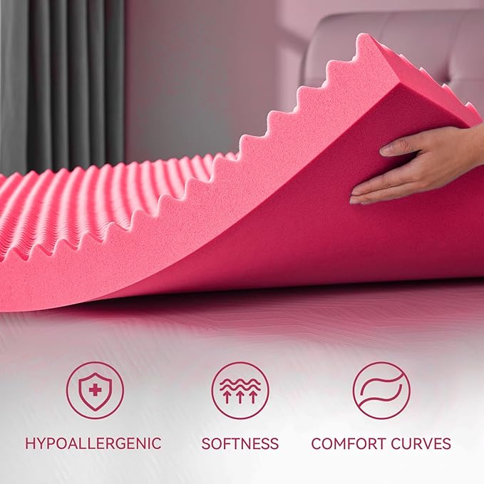 SINWEEK 2 Inch Egg Crate Memory Foam Mattress Topper King Size, Soft Mattress Pad for Back Pain Relief, Bed Topper, CertiPUR-US Certified, Pink