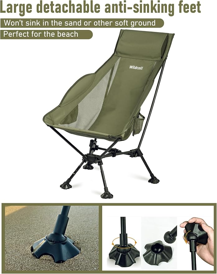 WildCall Lightweight Folding High Back Camping Chair with Head Support, Compact Beach Chair with Anti-Sinking Large Feet and Three Tilt Angles Adjustment