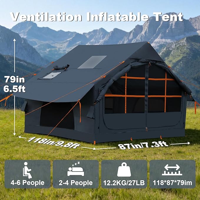 Inflatable Camping Tent,2/4/6/8 Person Glamping Inflatable Tents with Awning, Quick Setup Blow Up Tents with Pump, Waterproof Oxford Inflatable House for Camping, Air Glamping Hot Tents for Adult
