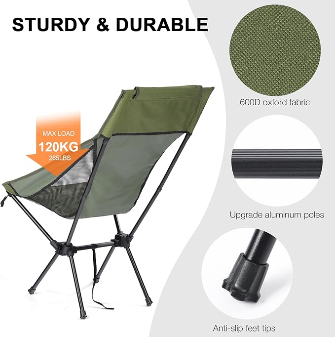 High Back Beach Chair for Adults, Lightweight Compact Backpacking Camp Chair for Outdoor, Green