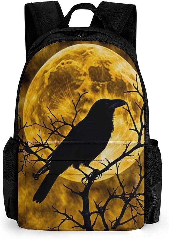 Men Women Polyester Halloween Raven Moonlight Moon Night Daypack Backpack Large Capacity Carry On Bag With Smooth Zippers for Hiking Picnic Walking Cycling