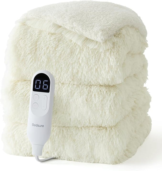Bedsure Faux Fur Heated Blanket Twin Size, Fast Heating Fluffy Electric Blanket, Heating Blanket Twin Size with 10 Time Settings & 6 Heat Settings, Cozy Gifts for Women Men (62x84 inches, Cream)