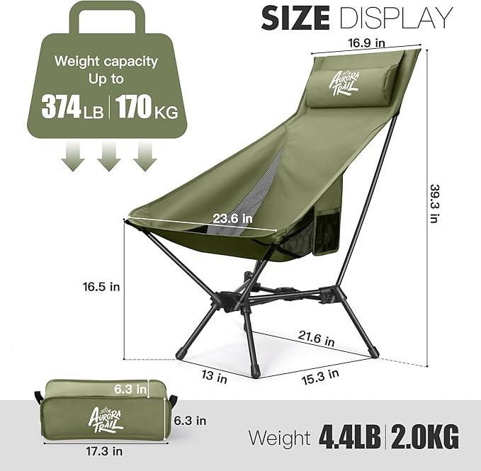 Compact Folding Camping Chair,Backpacking Chair,Supports 374lbs,Portable Travel & Hiking Chair,Lightweight Design,Perfect for Hiking Gear, Picnics and Traveling