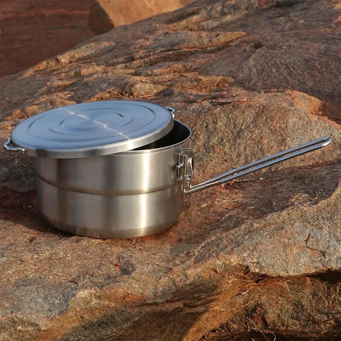 Lixada Stainless Steel Camping Cook Pot 1.5L with Lid and Folding Handle, Large Capacity Bento Pot for Outdoor Backpacking, Hiking, Picnic