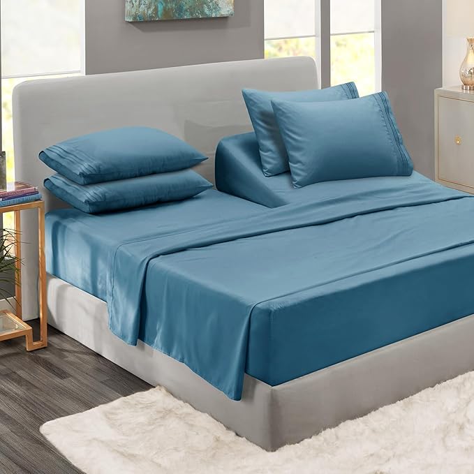 Clara Clark Flex Top King Sheets, 6 Piece Set - Hotel Luxury Sheets for Top Split King Bed, Super Soft Bedding Set, Head Split King Blue Heaven