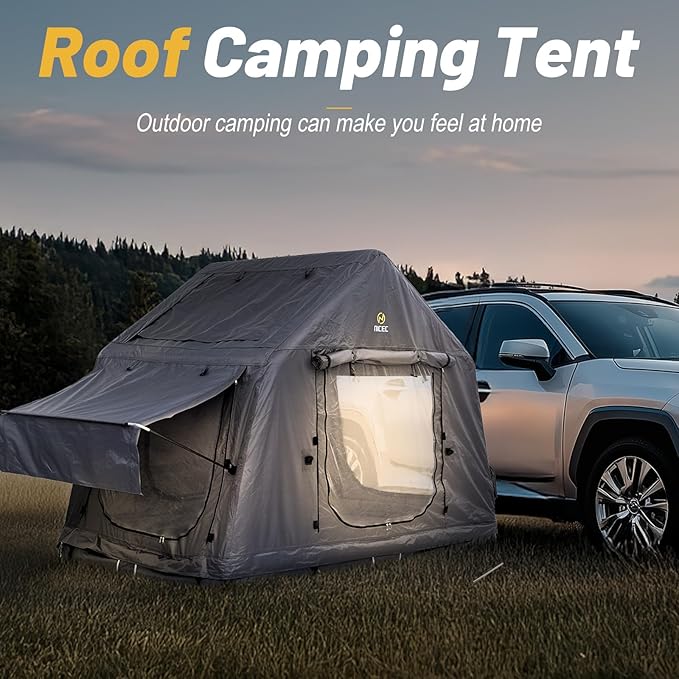 Nice C Inflatable Rooftop Tent with Air Mattress & Ladder, SUV Truck Car Tent for Camping, Easy Setup Pop-Up Camping Car Roof Tents with Pump, Waterproof Windproof Overland Tents (Black&Grey)