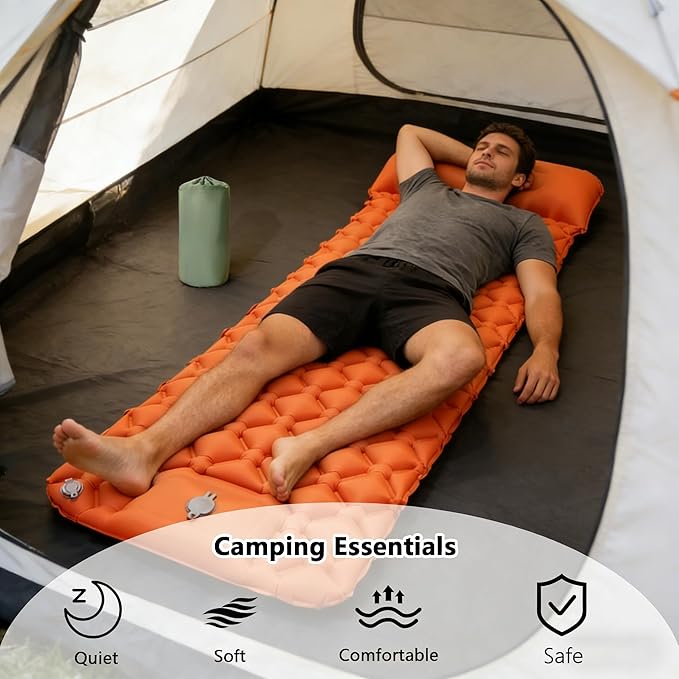 SNZ Camping Sleeping Pad, Ultralight Camping Mat with Pillow, Built-in Foot Pump Inflatable Sleeping Pads Compact for Backpacking, Tent, Travel, Outdoor Activities (Single)