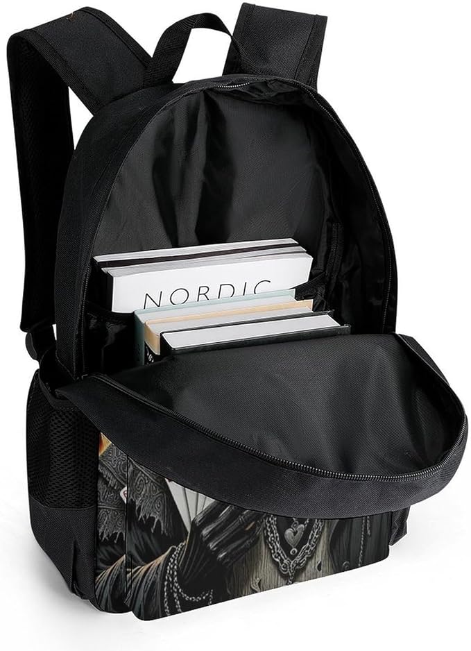 Backpack Polyester Anti-Theft Multipurpose Skull Fire Poker Cards Bookbag Large Capacity Laptop Book Bag Rucksack With Side Pockets