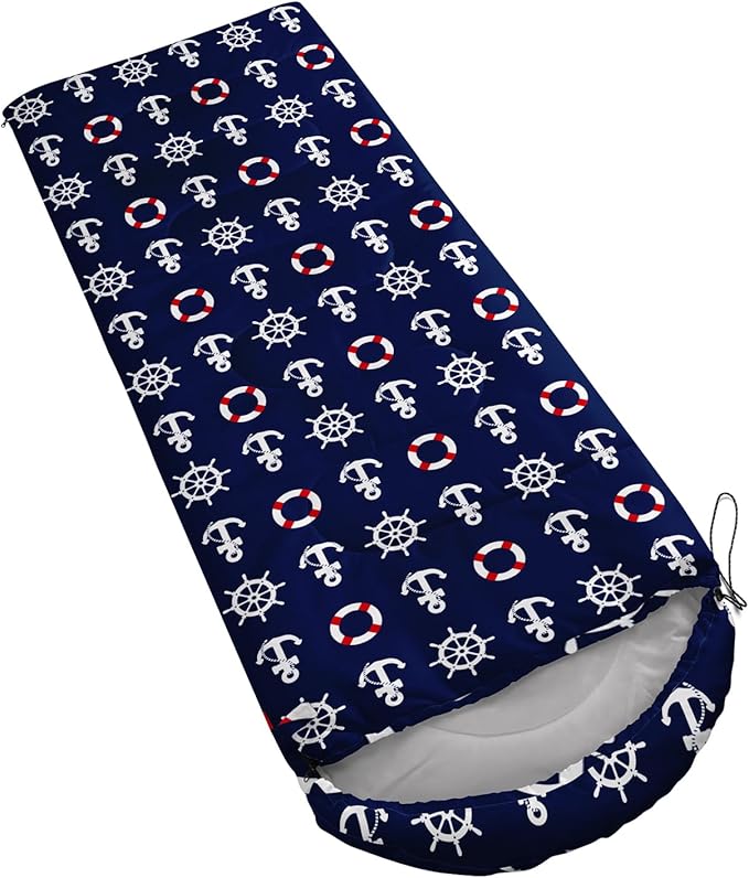 AILONEN Boys Sleeping Bag for Camping,Nautical Anchor,Lightweight & Waterproof,3 Season Warm & Cool Weather,Navy Blue Sleeping Bags for Kids Men Travelling,Outdoors