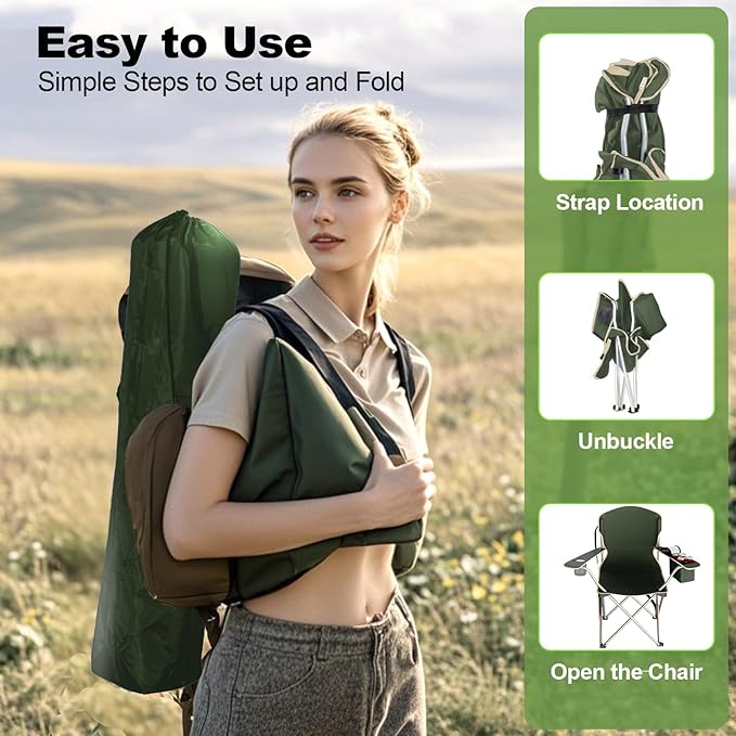 Folding Camping Chairs Durable 600D Oxford, Portable Outdoor Chair with Cooler Pouch, Cup Holder & Storage Pocket for Camping, Beach, Fishing