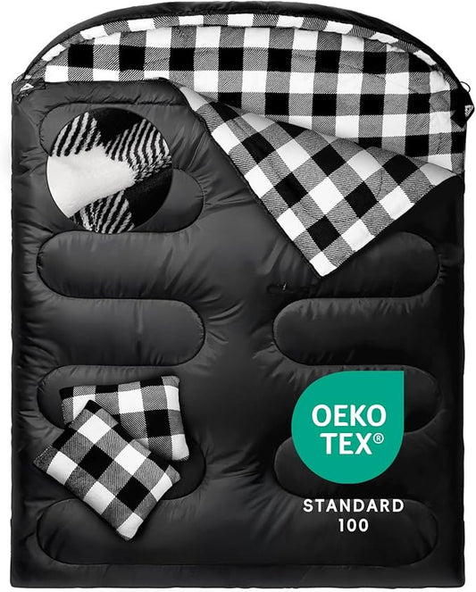 MEREZA Flannel Double Sleeping Bag for Adults Cold Weather, XL Queen Size Sleeping Bag for All Season 2 Person Big and Tall Sleeping Bags for Camping 0 Degree with Pillow