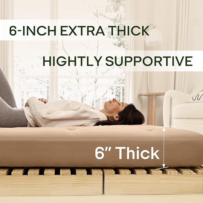 ZonLi Japanese Floor Futon Mattress Full Size 54"x 75",100% Cotton Cover 6'' Thicken Tatami Mattress,Foldable Sleeping Pad,Portable Dormitory Tatami Mat,Roll Up Floor Lounger Bed for Adult (Khaki)