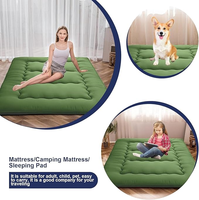 Japanese Floor Mattress,Thicken Japanese Floor Sleeping Pad Foldable,Roll Up Tatami Mat Easy to Store and Portable,Futon Mattress Suitable for Camping and Guest Room (Green, Full (80" X 47"))