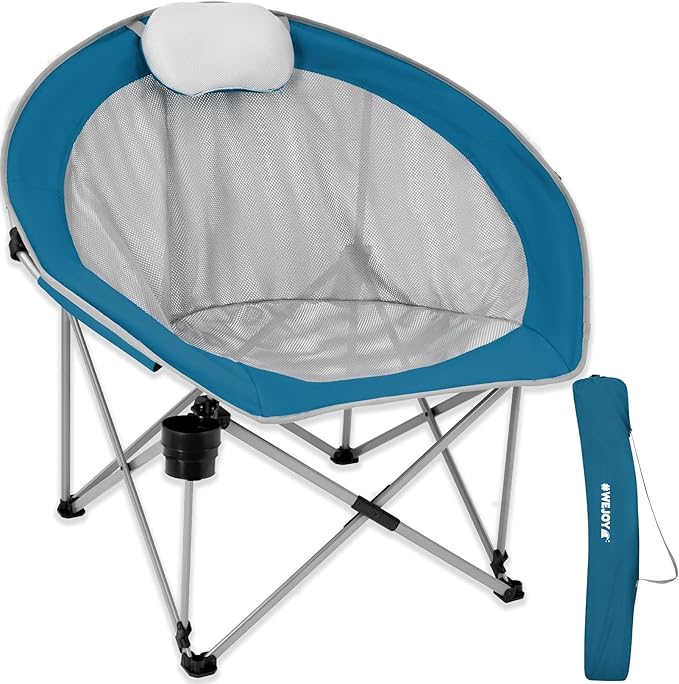 #WEJOY Folding Camping Chair Oversized Moon Chairs for Adult Support Up to 300lbs Mesh Saucer Chairs with Headrest and Cup Holder for Camping,Lawn,Hiking,Picnic,Sports(Cyan/Grey)